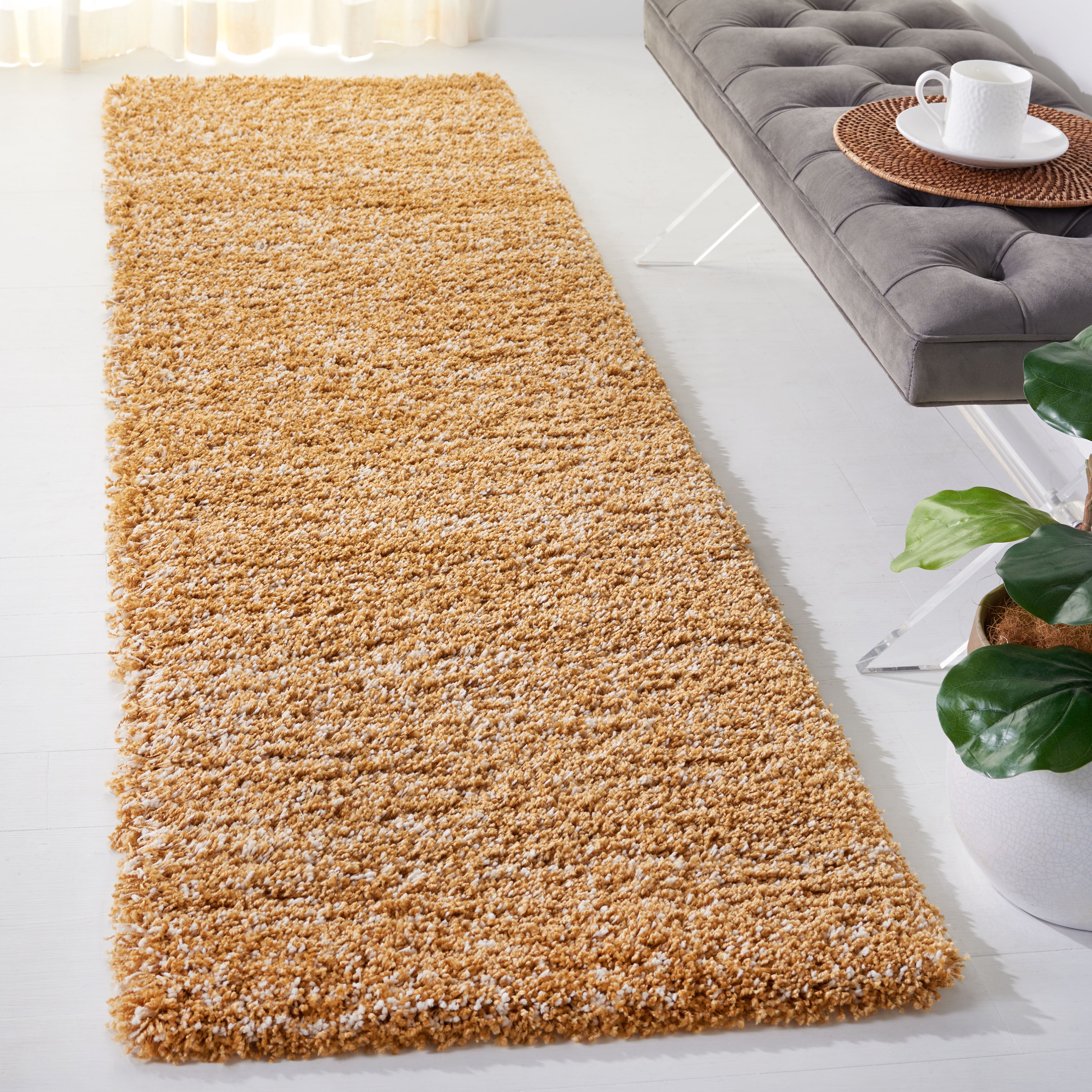 SAFAVIEH Hudson Shag Jaden Striped Runner Rug, Gold/Ivory, 2'3" x 8'