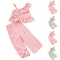 thumbnail image 4 of ZACPNCV Girl's 2 Piece Outfit Striped Ruffle Trim Asymmetrical Neck Top and Wide Leg Pants Set Green 4-5 Years, 4 of 4