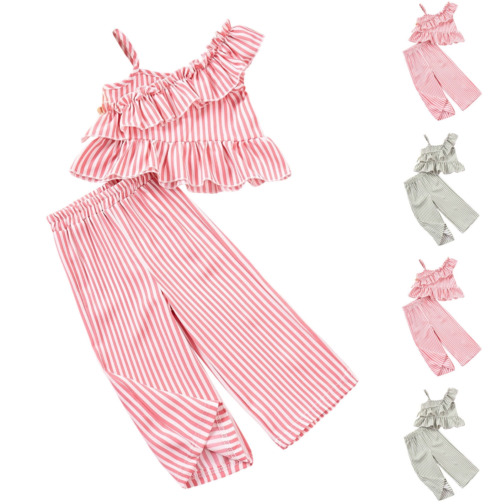 YHAJDS Girls Striped Ruffle Camisole Set Solid Color Sleeveless V Neck Top with Straight Pants Wear