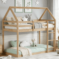 thumbnail image 2 of URTR Twin Over Twin Floor House Bunk Bed with High Quality Ladder and Guardrails, Wooden House-Shaped Twin Size Bunk Bed Frame for Bedroom, White Oak, 2 of 8