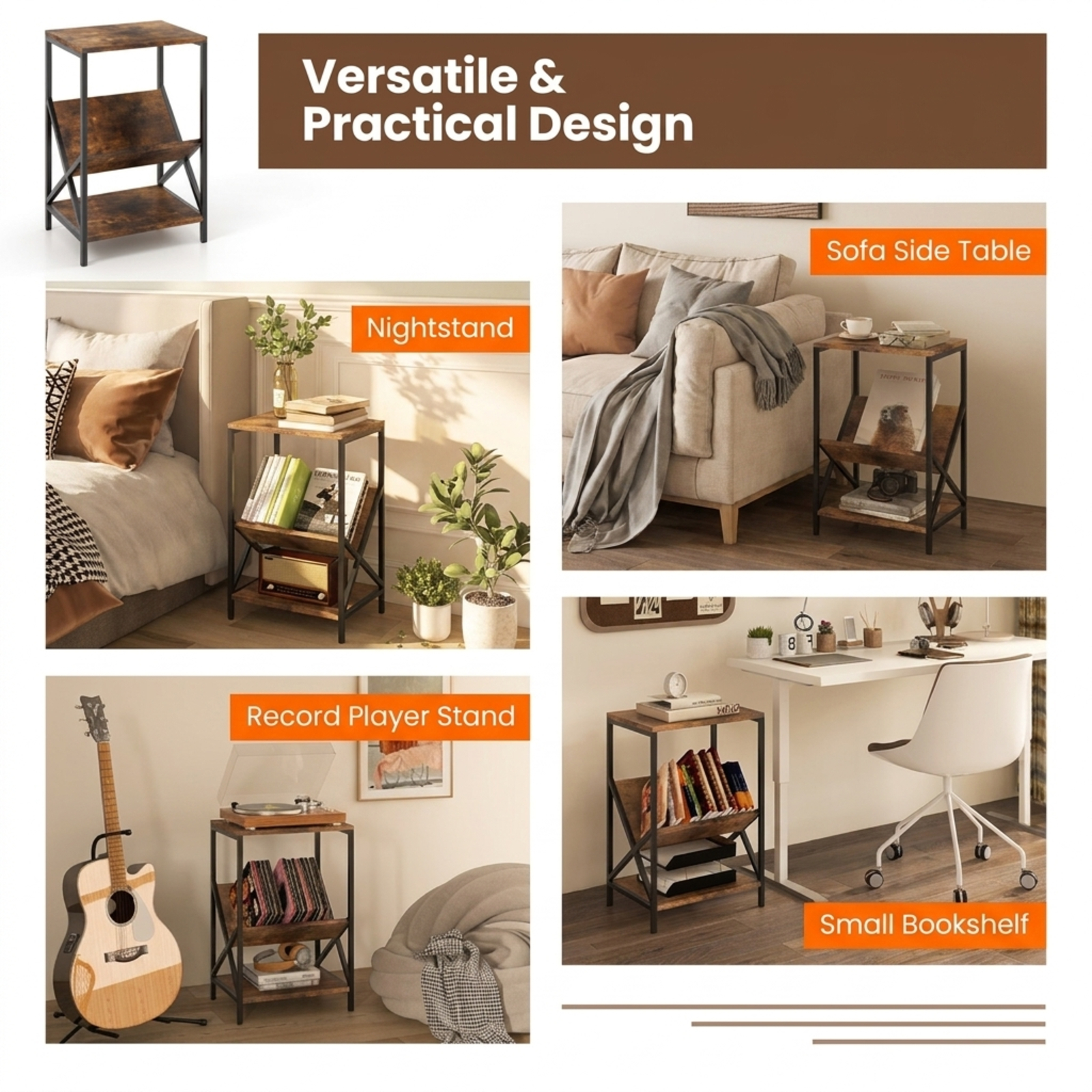 Furnibear 3-Tier Industrial Side Table with V-shaped Bookshelf for Living Room for Living Room Bedroom Sofa Side Nightstand Small Spaces, Rustic Brown