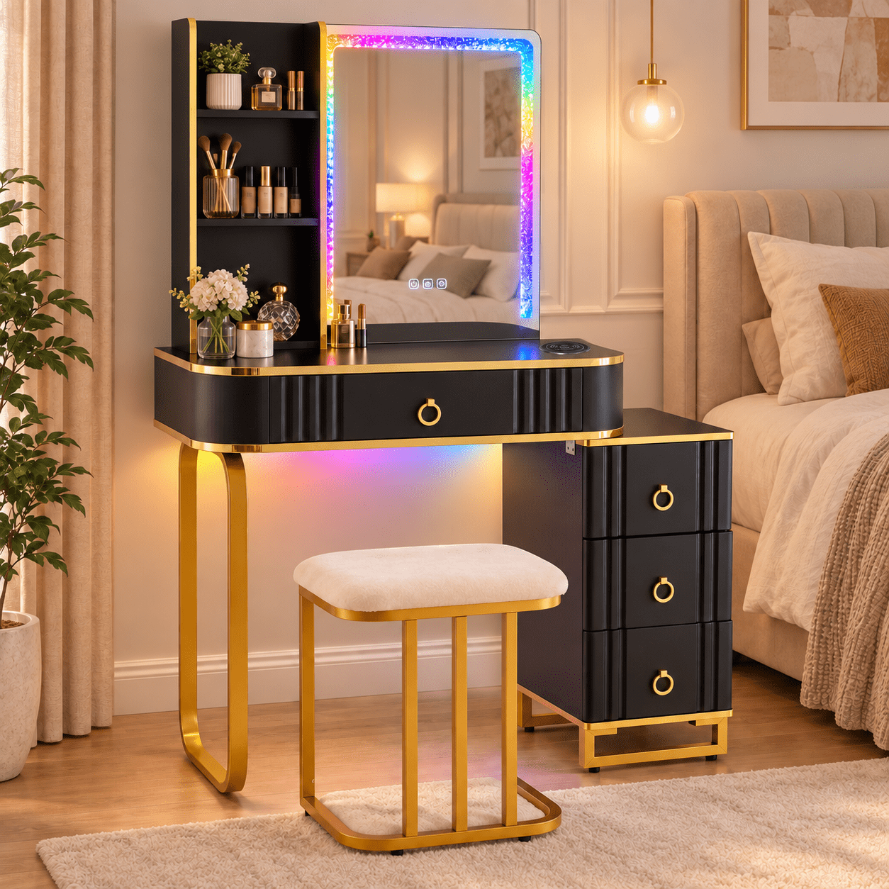 Furnibear Vanity Table Set with RGB LED Lights, Makeup Vanity Desk with Wireless Charging Station, Storage Shelves, Cabinet and Cushioned Stool, Black