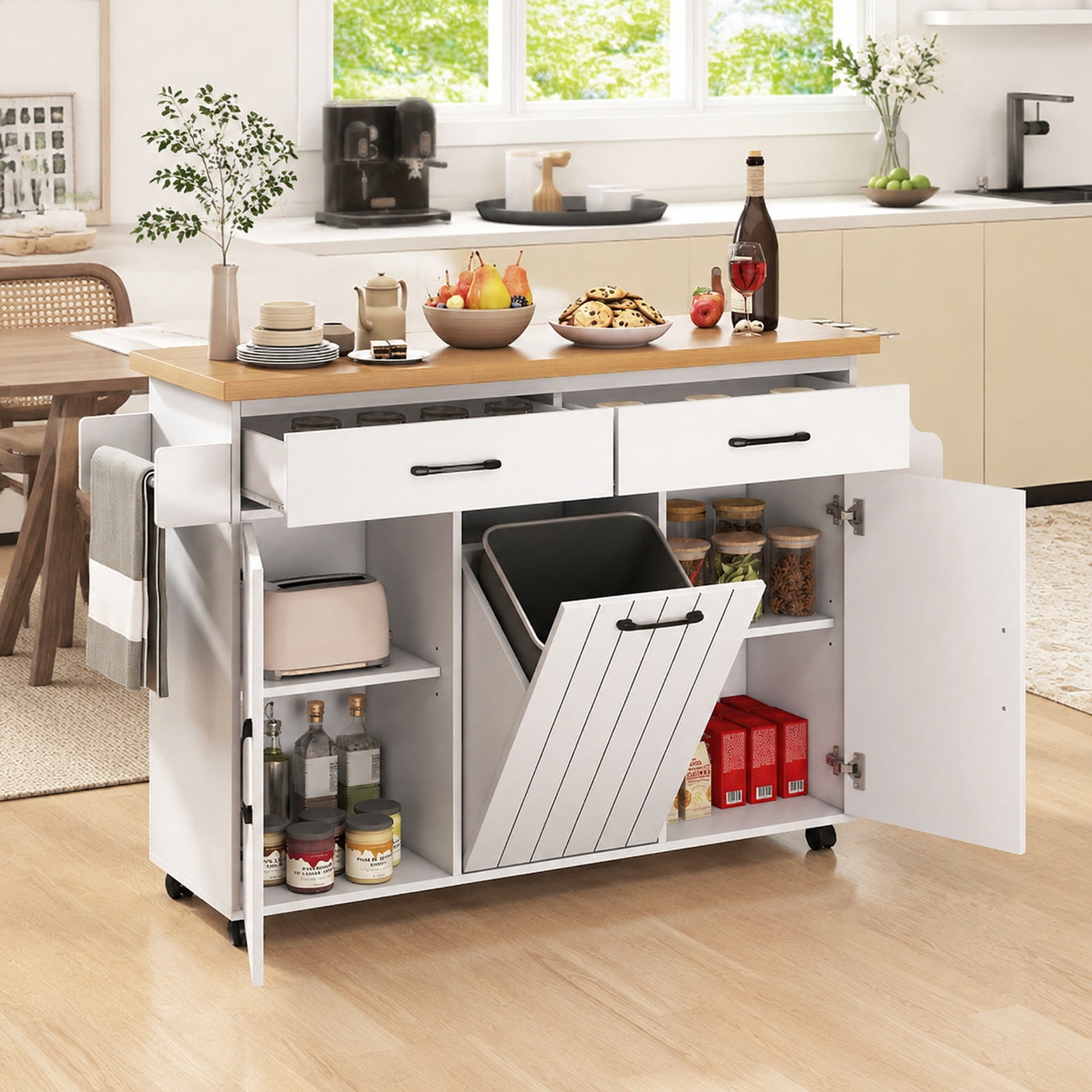 Furnibear Mobile Kitchen Island Table with Trash Bag Storage Adjustable Cabinets Spice Rack and Drawers for Dining Rooms, White