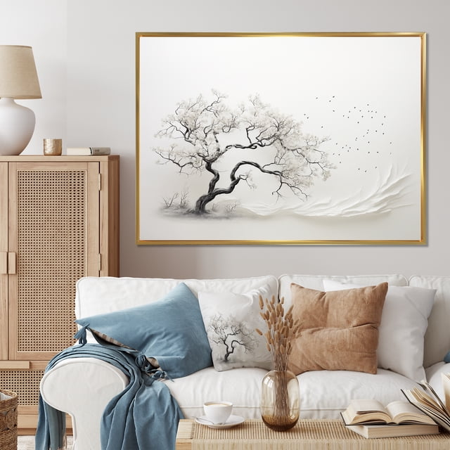 Designart Large Tree Gold framed wall art, Grey White Tree Subtle Charm I , Trees framed wall art decor, Grey Traditional Gold framed wall art, 32x24 inches Gold Frame