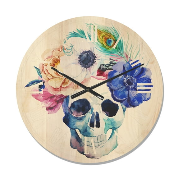 Designart 'Scull and Anemones' Bohemian Wood Wall Clock