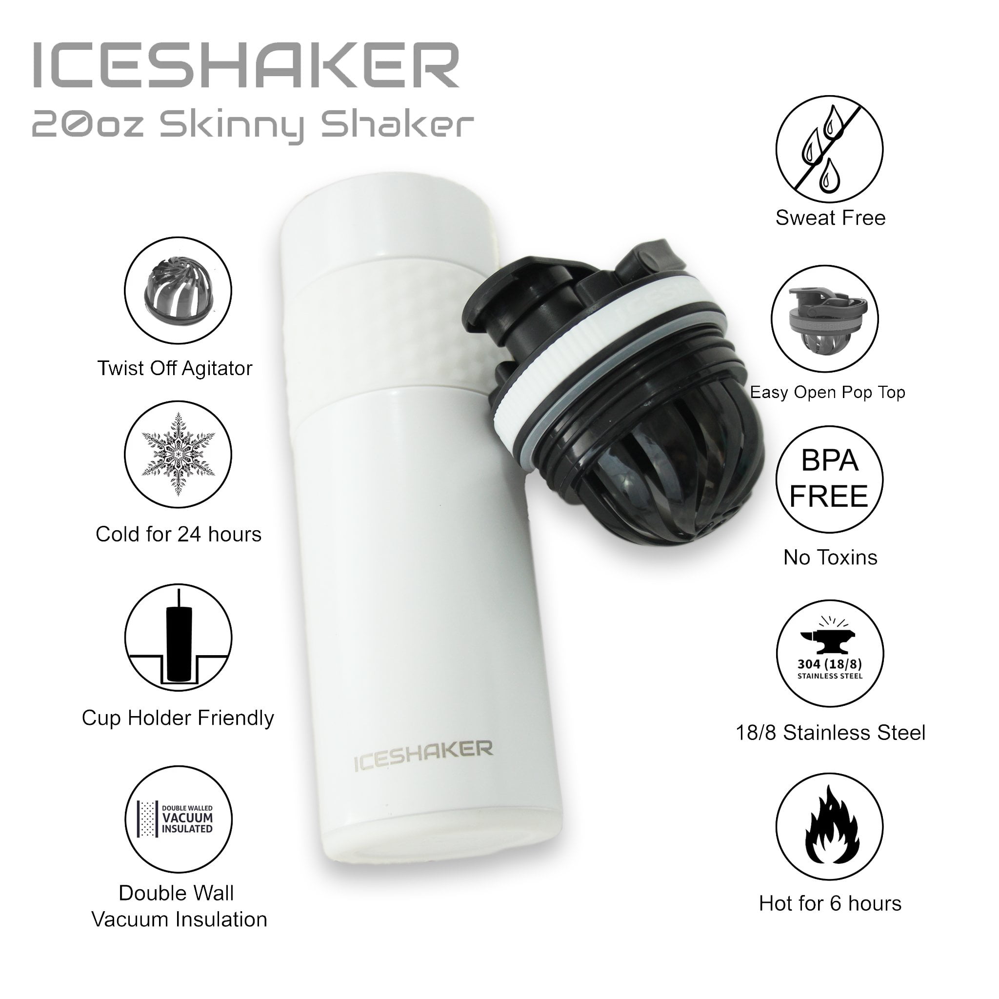 RuK 20oz Stainless Steel Skinny Ice Shaker Bottle