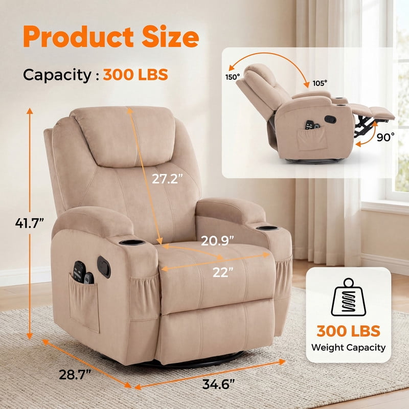 Vineego Massage Swivel Rocker Recliner with PU Leather Fabric Small Spaces Lounge Chair with Two Cup Holder for Bed Room,Linen Beige