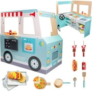 Svan Food Truck Wooden Playset- 20 Fun Toy Pieces Including Cooktop, Steering Wheel, Sticker Sheet for Kids Name, Includes Food Tray, Pizza Slices, Dual Sided Play Stand for Indoor Fun