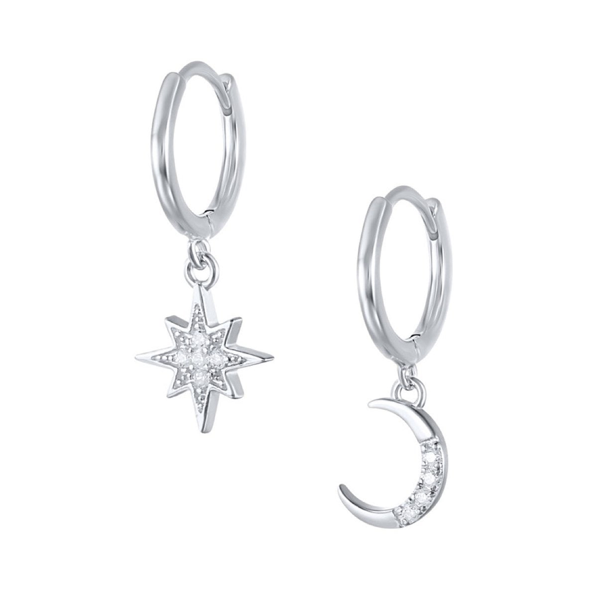 Cubic Zirconia and Moon Post Earrings in Sterling Silver 10mm Star 