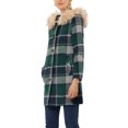 thumbnail image 4 of MODA NOVA Juniors Long Sleeves Detachable Faux Fur Trim Plaid Overcoat with Hood Green S, 4 of 6