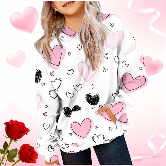 Pink Heart Print Girls Pullover Hoodie - Soft Lightweight Stretchy 95% Polyester 5% Spandex Hooded Sweatshirt with Kangaroo Pocket & Pink Inner Lining for Kids 4-12,Size 5-6T