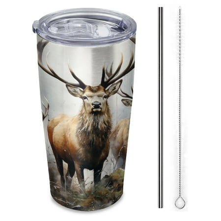 

red deer stags in misty forest Insulated Travel Tumbler 20 oz Car Cup with Reusable Straw & Brush Hot & Cold Beverage Cup for Office/Outdoor