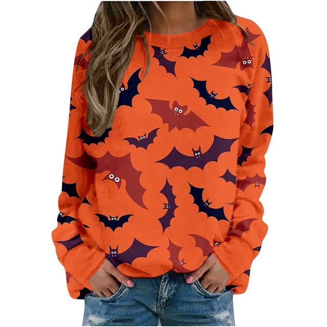 Chandail en Molleton Citrouille Chat pour Femmes Halloween Col Rond Pull Manches Longues Hauts Décontractés Amples