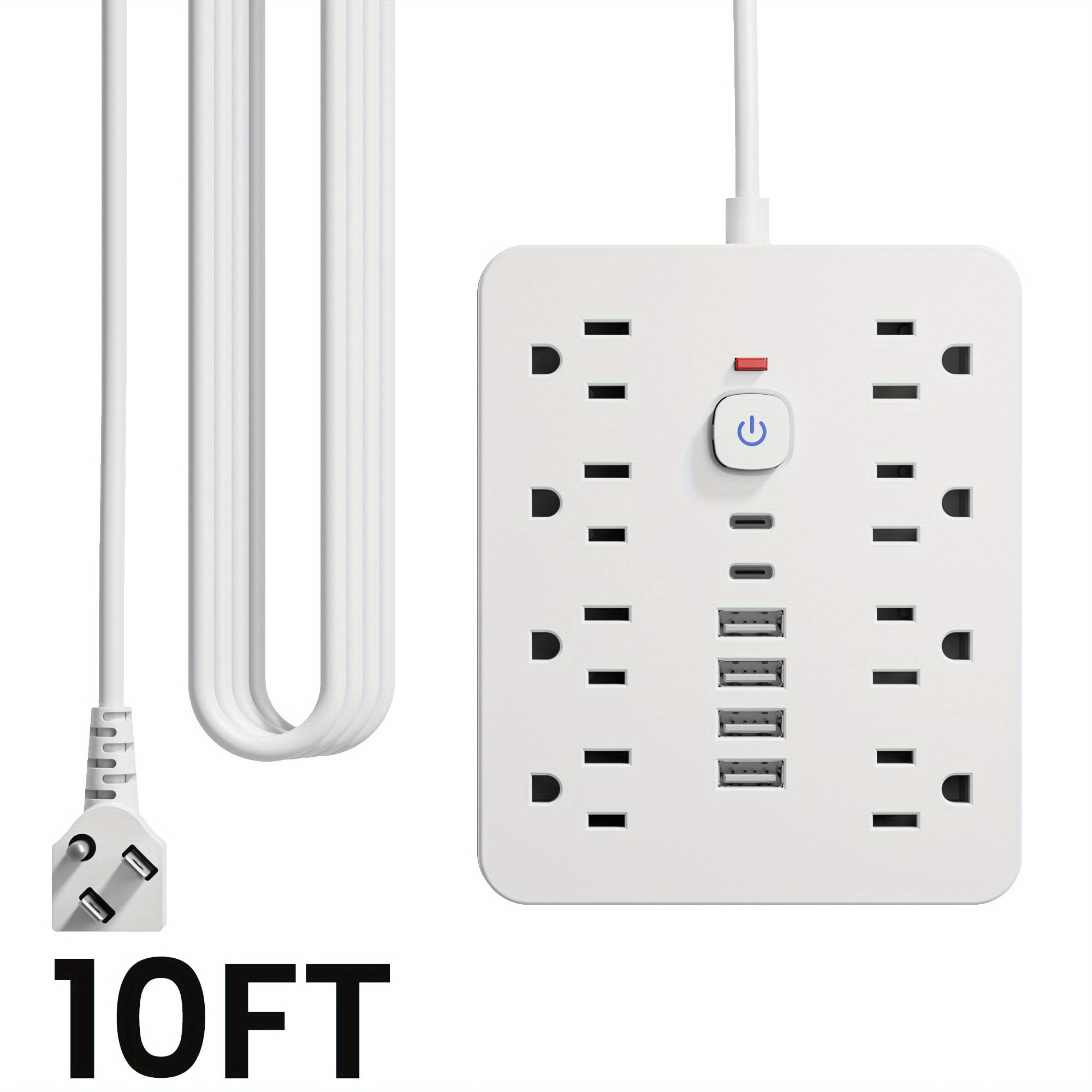 14-in-1 Power Strip with Surge Protector: 8 AC Outlets, 4 USB-A & 2 USB-C Ports, 5/10Ft Cord, Flat Plug, Wall Mount, Overload Protection for Home Office Desktop Charging