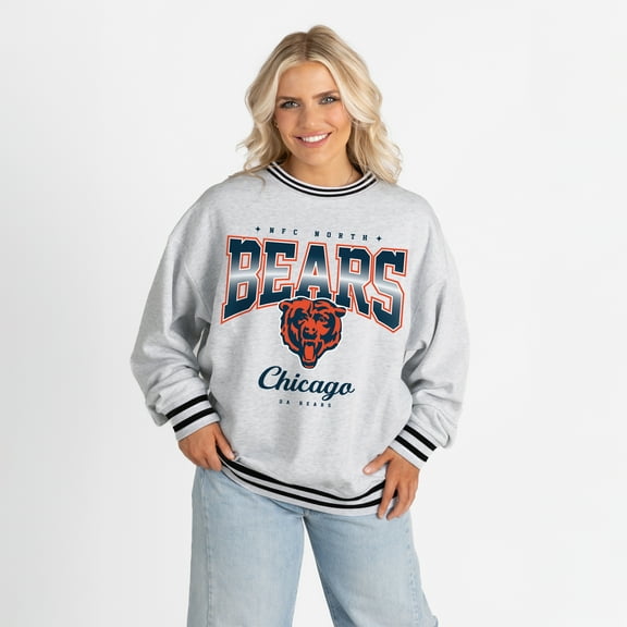 Women's Gameday Couture Ash/Black Chicago Bears Oversized Gridiron Drive Ringer Stripe Sweatshirt