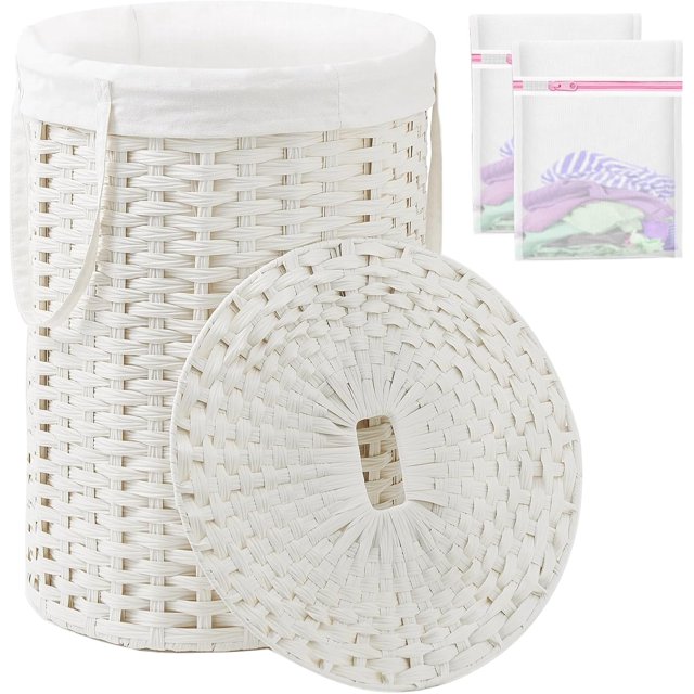 Large Laundry Hamper Laundry Basket Round Gal L) Handwoven Wicker Laundry Baskets Rattan Laundry Basket with Laundry Bag Handles Mesh Bags for Living Room Bedroom