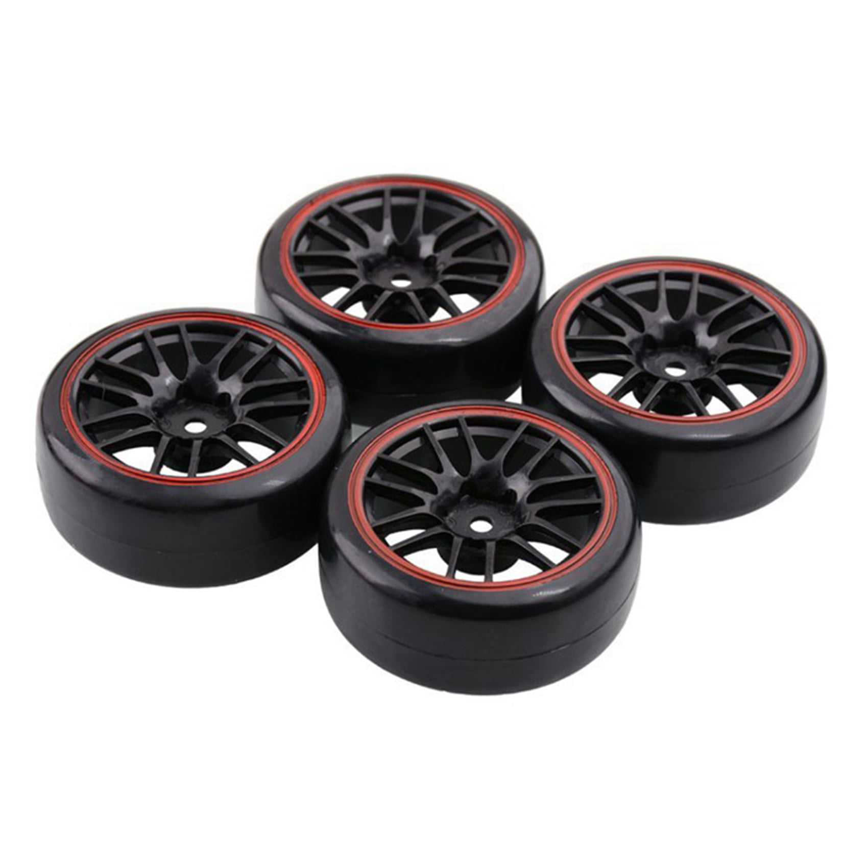 LAFEINA 1/10 Drift Car Tire and Wheel Set Pre-Glued Hard Plastic Tyres Wheels Rims for Traxxas Tamiya HSP HPI Kyosho 1:10 RC On-Road Drifting Car Red 