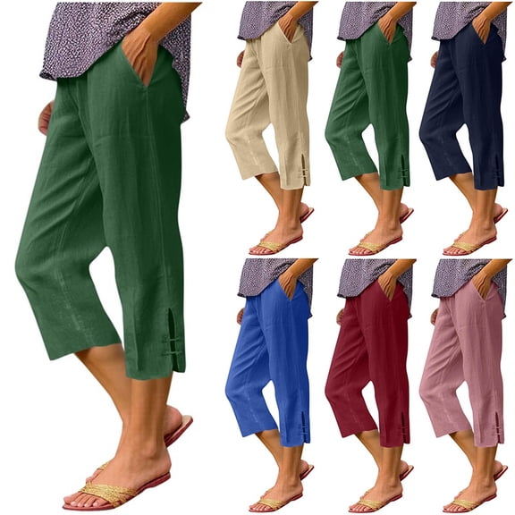 Women's Linen Cotton Capri Pants with Pockets, Elastic Waist Drawstring, Lightweight Soft Solid Color, Casual Summer Beach Lounge Capris for Women | UKHCCC,Blue L