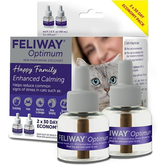 FELIWAY Optimum 2 x 30 Day Cat Calming Refills for Pheromone Diffuser, 2 x 48ml Value Pack - Helps Reduce Common Signs of Stress in Cats & Kittens, Enhanced Calming