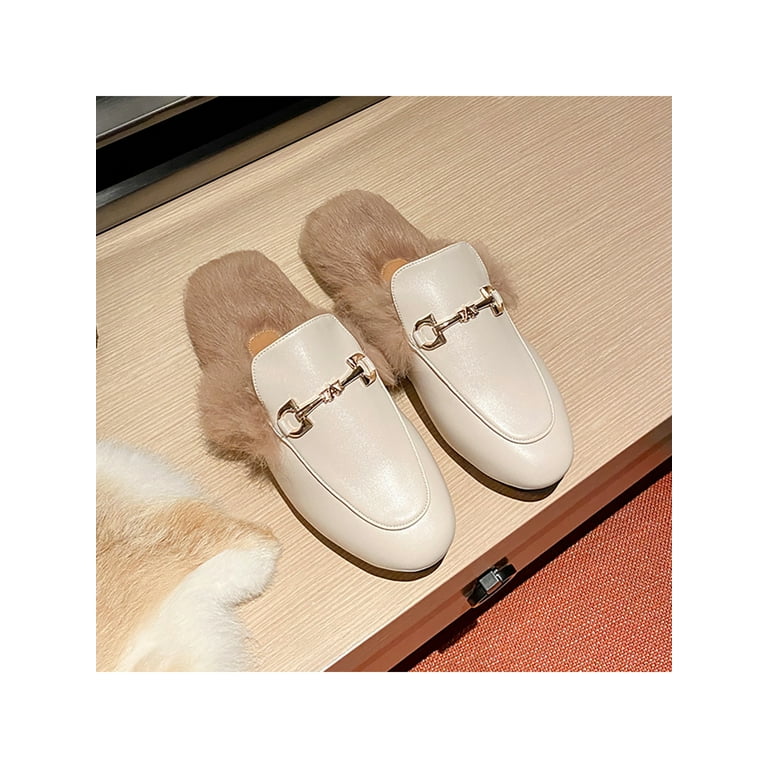 SIMANLAN Mules for Women Flats Faux fur Winter Warm Casual Work