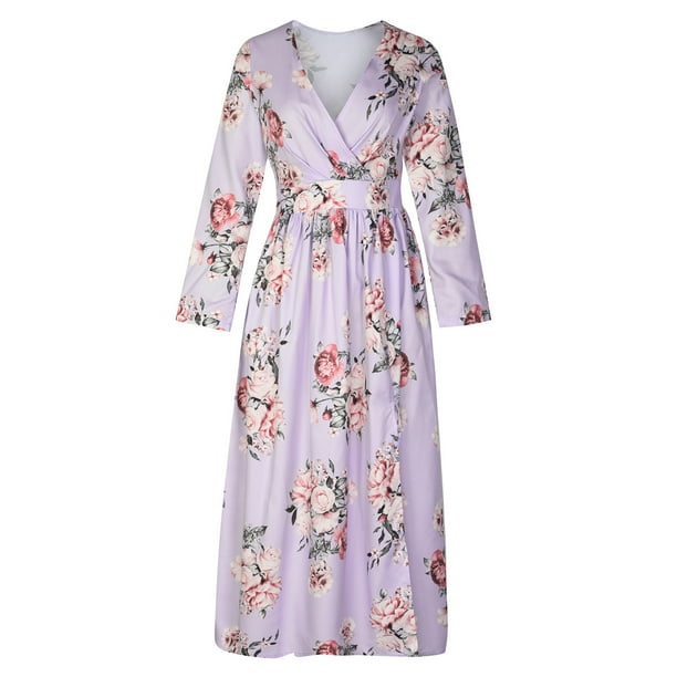 Vestidos bohemios divididos con estampado floral de manga larga con cuello en V informal de verano para mujer Fridja yut5235