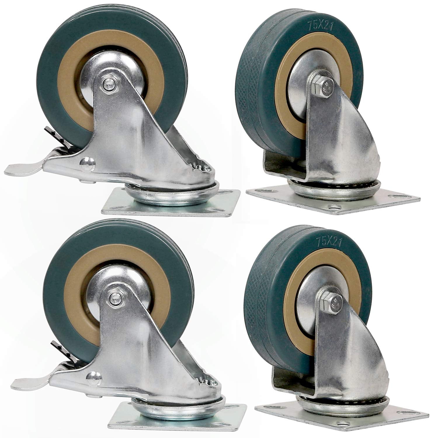 ZEONHAK 4 Pack 3 Inch Gray Rubber Caster Wheels 360 Degree, 2 Brakes 2 Freely, 440 Lbs