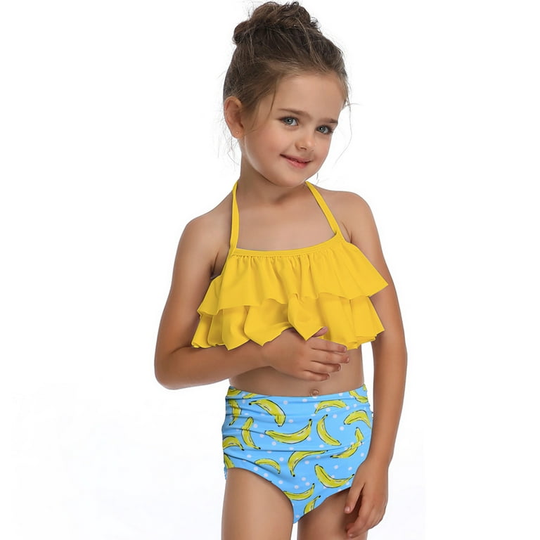 Girls Swimsuits Size 13 Years-14 Years Bikini Wear Ruffles Floral Print  Swimwear Beach Two Pieces Set Teen Bathing Suits For Girls,Yellow 