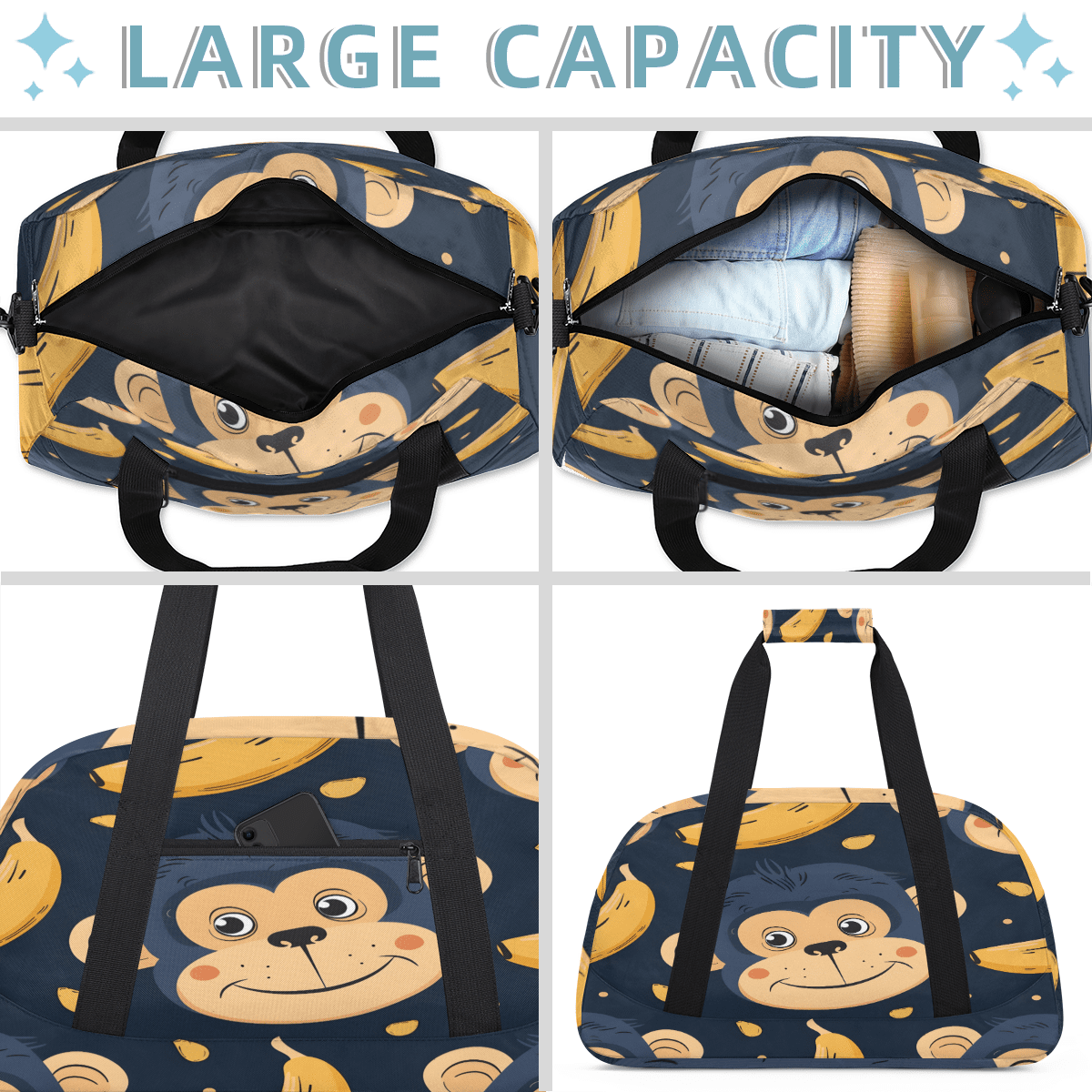 Herdesigns Monkey Sports Duffle Bag for Women & Men, Banana Gym Bag Dance Bag Overnight Bag Carry On Weekender Travel Bag