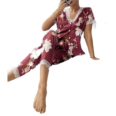

2pcs Set Elegant Floral Print V neck PJ Pant Sets Short Sleeve Burgundy Women s Pajama Sets (Women s)