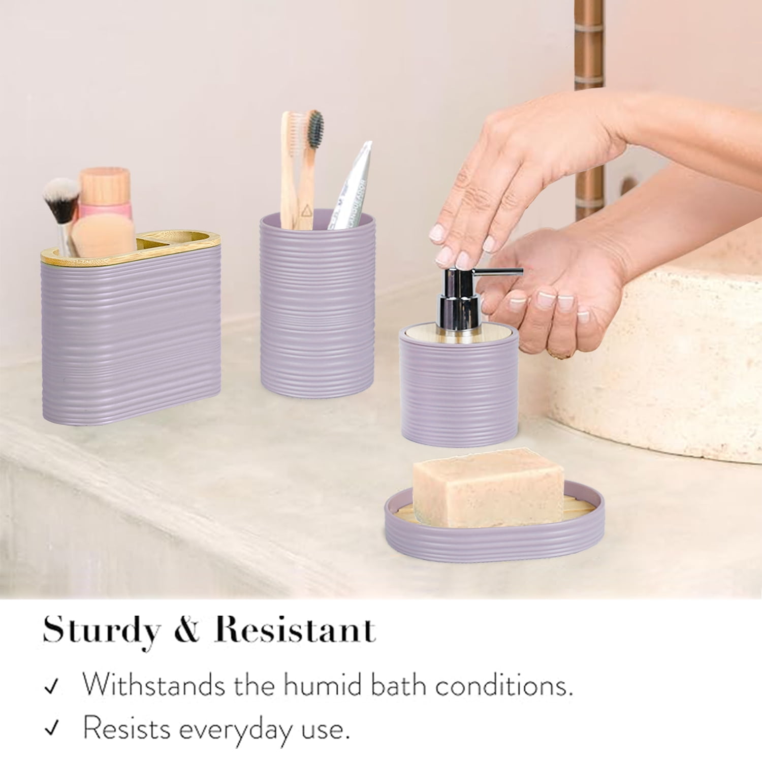 CERBIOR 6 Pcs Bamboo Bathroom Accessories Sets Irregular Stripe Design Complete Set Bathroom Decor Vanity Countertop Accessory Set, Purple