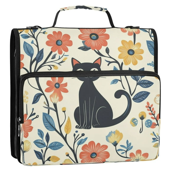Circular Folder Package 13.6*3.5*12.4 Inches ,Binder Bag，Binder Organizer，Zipper Binder，3 Ring Binder ,Suitable for Work Cute Black Cat and Flowers
