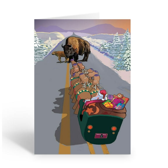 Stonehouse Collection Christmas Card, Santa with Buffalo Holiday Greeting, Bison Holiday Cards, 18 Count, 5 x 7 inches