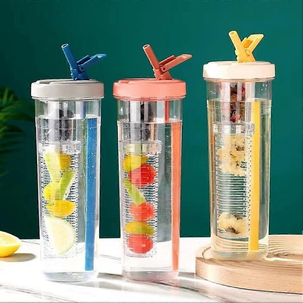 Fruit Infuser Water Bottle with Foldable Straw, Leakproof and Shatterproof Pink/Yellow