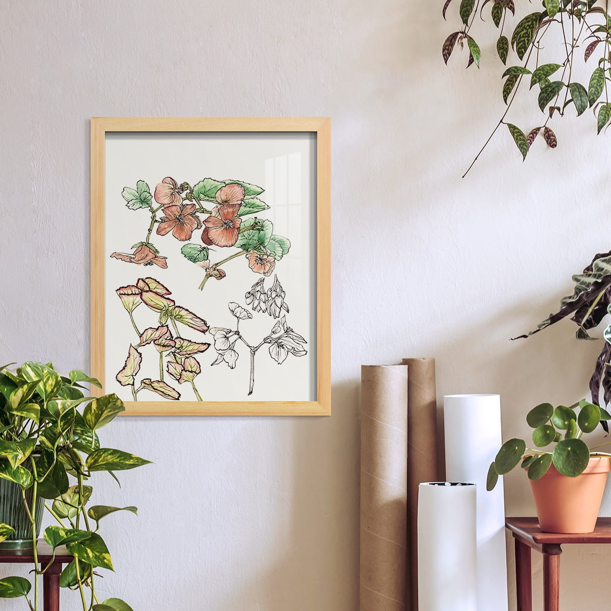 Begonia Study -Framed Print w/glass-Natural Wood