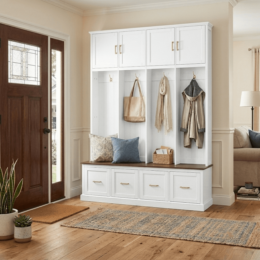 Howcool Farmhouse 59"W Hall Tree with 4 Hooks & Shoe Storage Bench,Entryway Organizer Mudroom Furniture with Upper Cabinets,Drawers,White