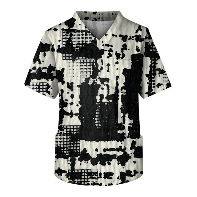 LINMOUA Plus Size Halloween Printed Scrub Working Uniform Tops For Men's Cross V-Neck Short Sleeve Fun T-Shirts Workwear Tee With Pockets