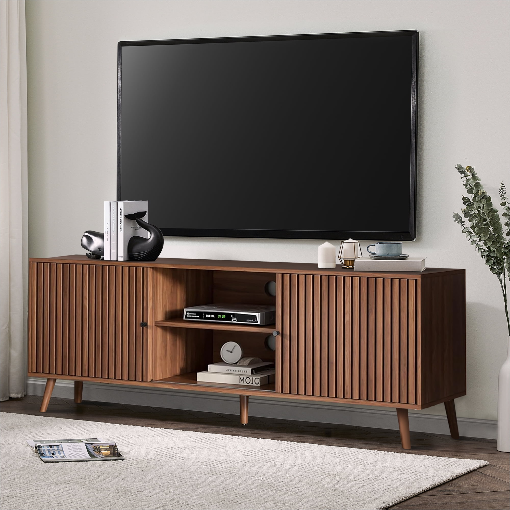Lisicue Mid-Century Modern TV Stand for TVs up to 70 Inches with Sliding Doors and Storage, Television Stands, TV Consoles, Media Consoles for Living Room Bedroom, Walnut