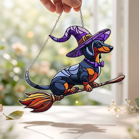 Halloween Decor, Dachshund Halloween Decor, Stained Glass Window Hanging, Witch Broom Decor, 9 Inch Hanging Ornament with Attached Metal Chains for Wall and Window Display