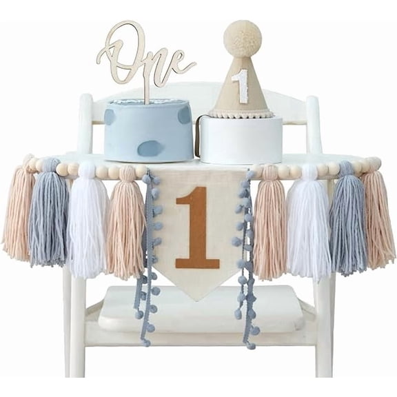 1st Birthday High Chair Banner with Cone Hat and Cake Topper Wood Bead Tassel Garland First Birthday Decorations for Boy One Year Old Outfit Photo Props Wall Hanging Party Décor