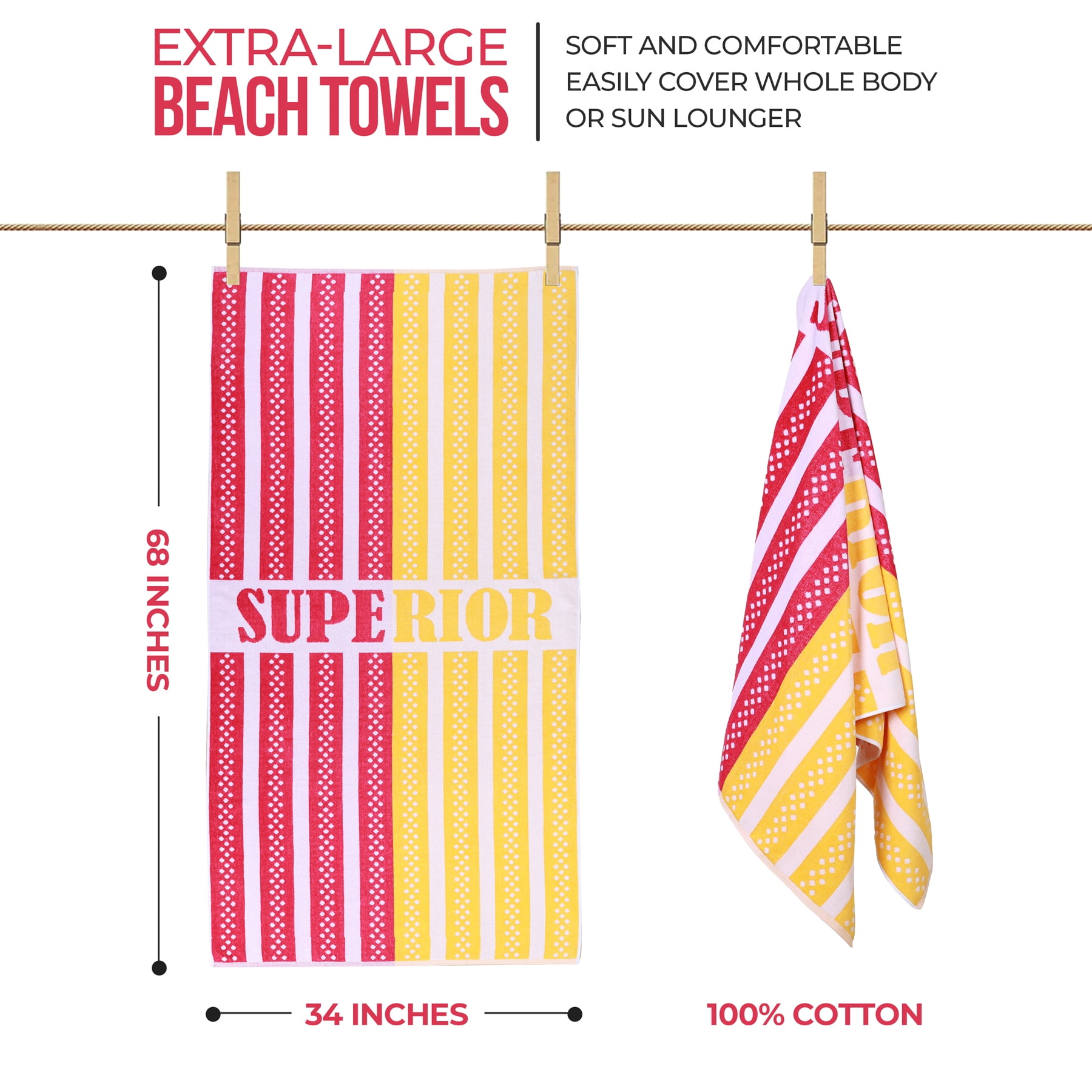 Superior Striped Cotton Large Oversized Beach Towel, 34" x 68", Warm, Red/ Yellow