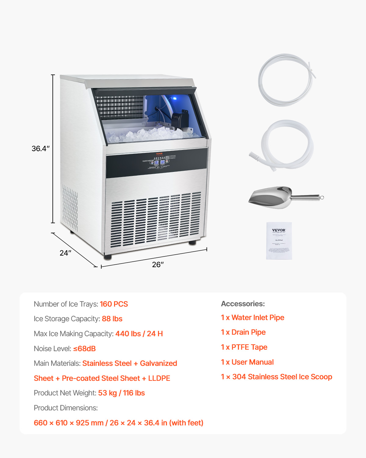 VEVOR 440lbs/24H Commercial Ice Maker,160 Ice Cubes in 15 Minutes, Freestanding Ice Maker Machine with 88lbs Large Storage Capacity for Bar Office Restaurant