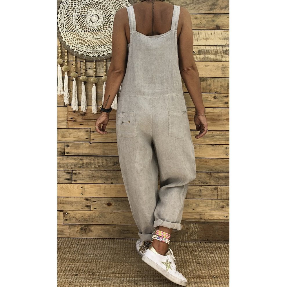 Cotton Linen Women's Sleeveless Jumpsuits Loose Pompers Overalls Plus