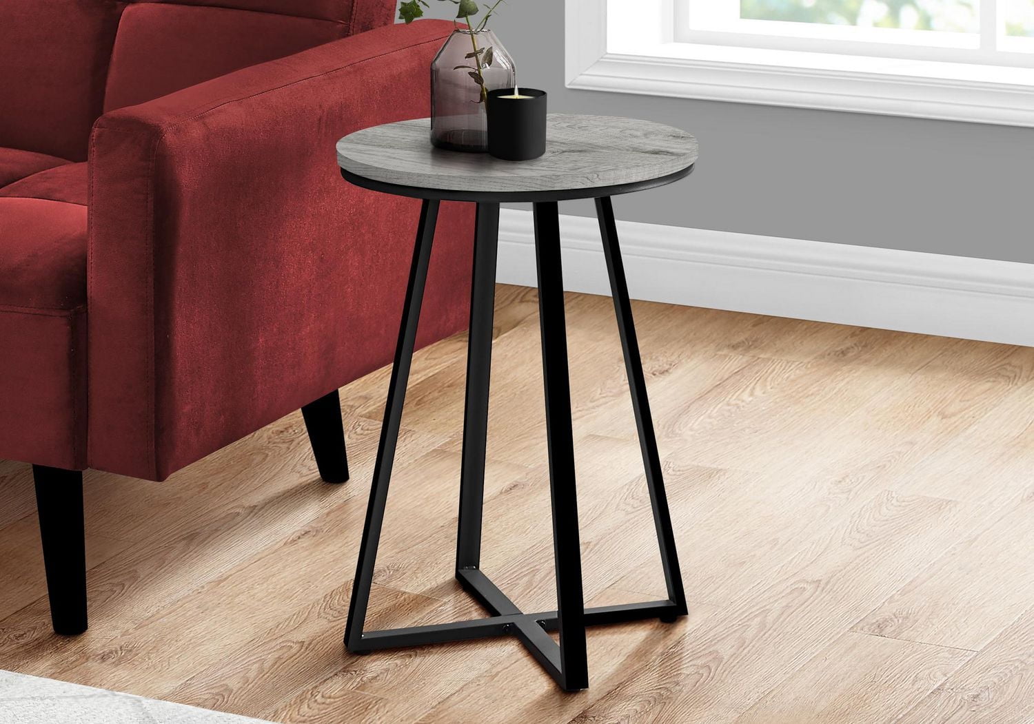 Monarch Specialties Accent Table, Side, Round, End, Nightstand, Lamp, Living Room, Bedroom, Grey Laminate, Black Metal, Contemporary, Modern