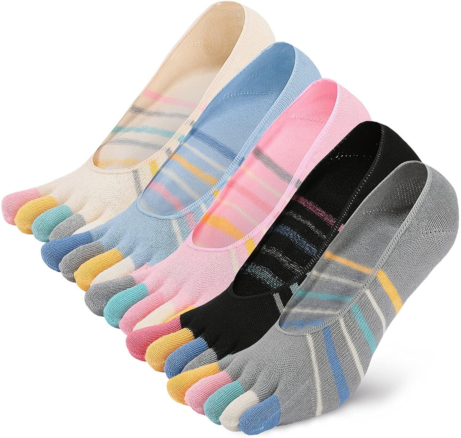 Womens No Show Socks Low Cut Colorful Fun Toe Socks Comfy Cotton Five