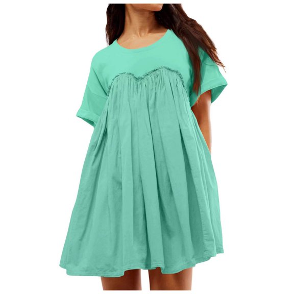 Dress for Women Summer Pleated Mini Dress Crew Neck Short Sleeve Tunic Dress with Pockets
