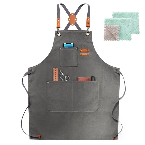 Zomao Delantal De Chef Delantal Para Hombres Mujeres Con Correas Ajustables Delantal Ajustable Con Espalda Cruzada De Lona De Algodón Con Bolsillos Para Mujeres Y Hombres (Gris)