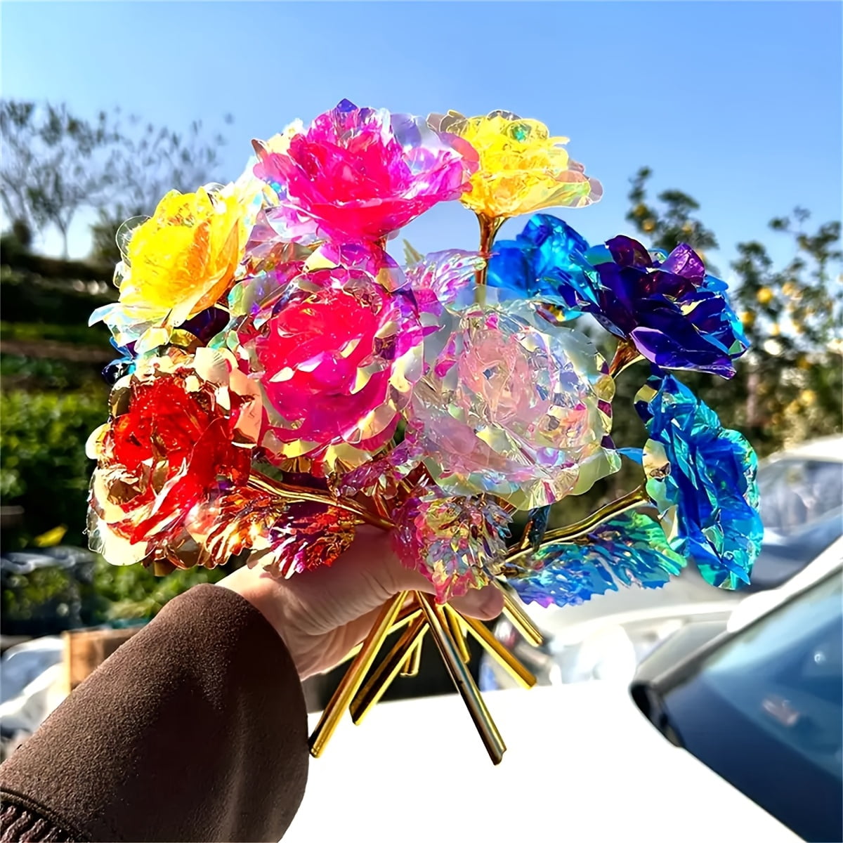 18 Pcs Galaxy Rose Artificial Roses - Sparkly Iridescent Plastic Roses Bulk, Colorful Rainbow Forever Flowers Bouquet, Ideal Valentine Roses Bulk for Wedding, Mother's Day and Birthday Gifts