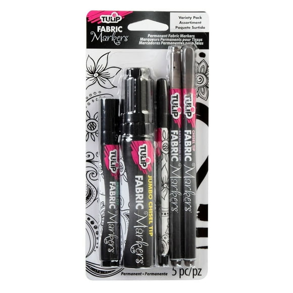 Tulip Permanent Nontoxic Fabric Markers 5 Pack - Brush Tip, Bullet Tip, Chisel Tip & Extra Fine Tip, Low Bleed & Fast Drying - Premium Quality for Clothes, Shoes, Bags & Other Fabric Materials