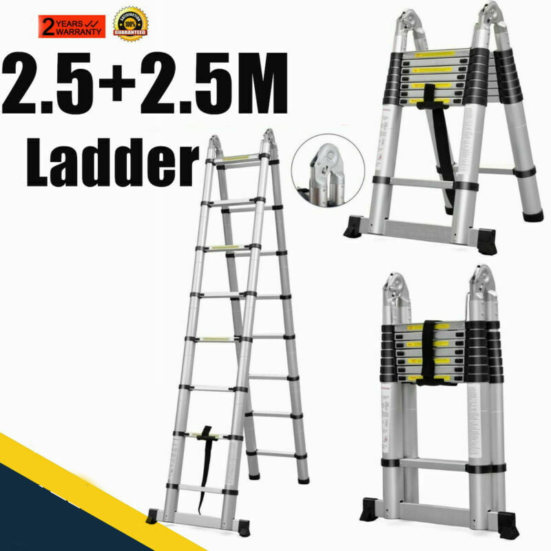 2.5m+2.5m Folding Telescopic Ladders EN131 Silver Aluminum Telescoping Ladder A-Frame Straight Ladder Loft Home Office Outdoors Max Capacity 330LB Portable Extendable Ladder w/ Stabilizer