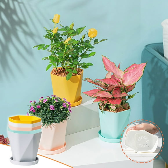 Plant Pots with Drainage Hole and Saucer Geometric Flower Pots Indoor Outdoor Flower Pots for Violet Orchid Succulent Cactus Plants Decoration for Home Garden Office